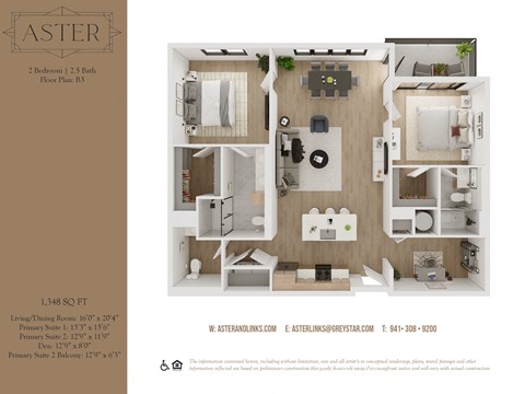 Floor plan for 2 beds, 2.5 baths, 1348 sqft